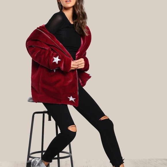 ⭐️ Shein Faux Fur Star Print Hoodie Jacket Coat size SMALL - Picture 5 of 16